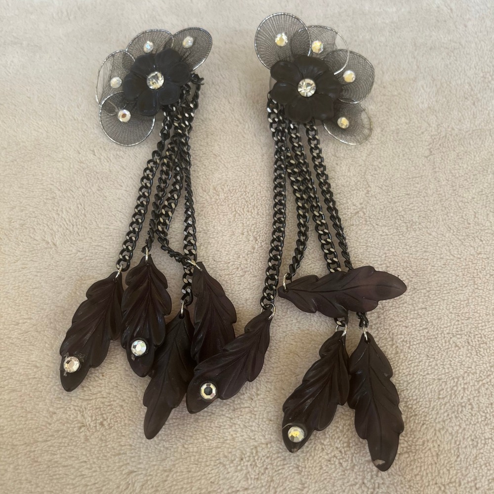 Gothic Black Floral Mesh Rhinestone Dangle Chain Leaf Statement Earrings 0260J